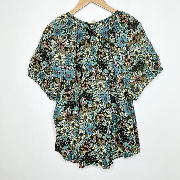 Ana Floral Print Puff Sleeve Top Womens 3X Colorful Spring Summer Boho Cotton - Picture 7 of 7